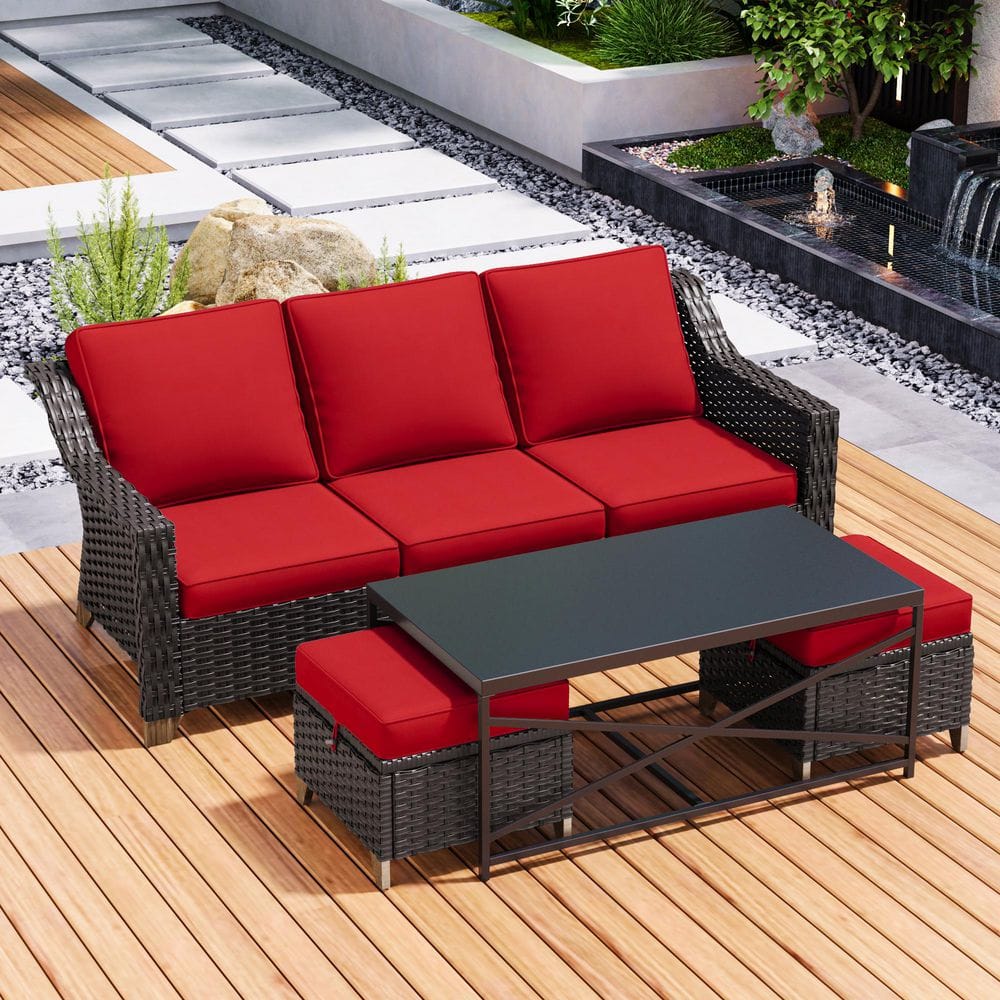 JOYSIDE 4-Piece Wicker Outdoor Patio Conversation Set with Red Cushions ...