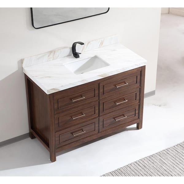 Luxury Ebony Series 48 in. 1 Freestanding Dark Brown Finish Bath Vanity with 2 in. White Natural Marble Top Assembled