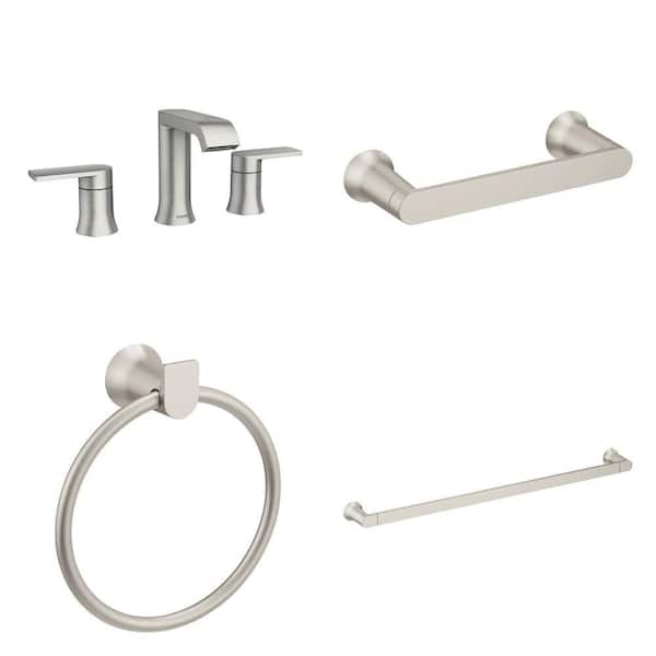 Genta 8 in. Widespread Faucet, Toilet Paper Holder, Towel Ring and 24 in. Towel Bar in Brushed Nickel Combo