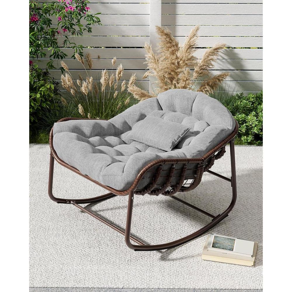 Garvee Oversized Brown Wicker Outdoor Papasan Rocking Chair with