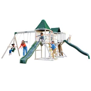 Titan Cliffs Wooden Swing Set/Playset with Slides, Rope Bridge and 3-Swings