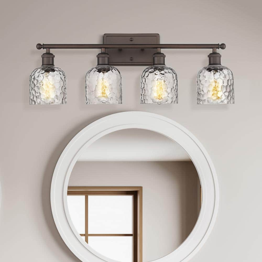 Oil Rubbed Bronze 4-Light Vanity with Clear Hammered Glass Shades