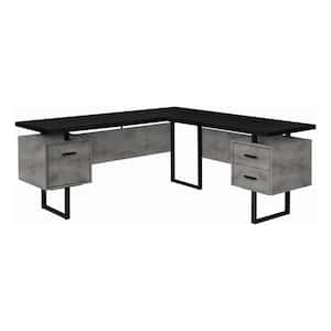 L-SHAPED COMPUTER DESK - CORNER / 3 STORAGE DRAWERS / REVERSIBLE - 71"L X 71"W - BLACK TOP / GREY CONCRETE-LOOK / BLACK