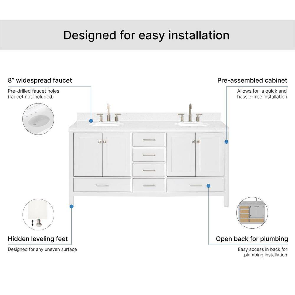 Cambridge 72" White Wood Double Sink Vanity with Quartz Top