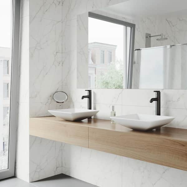 Hibiscus White Matte Stone Vessel Bathroom Sink and Seville Bathroom Vessel Faucet in Matte Black