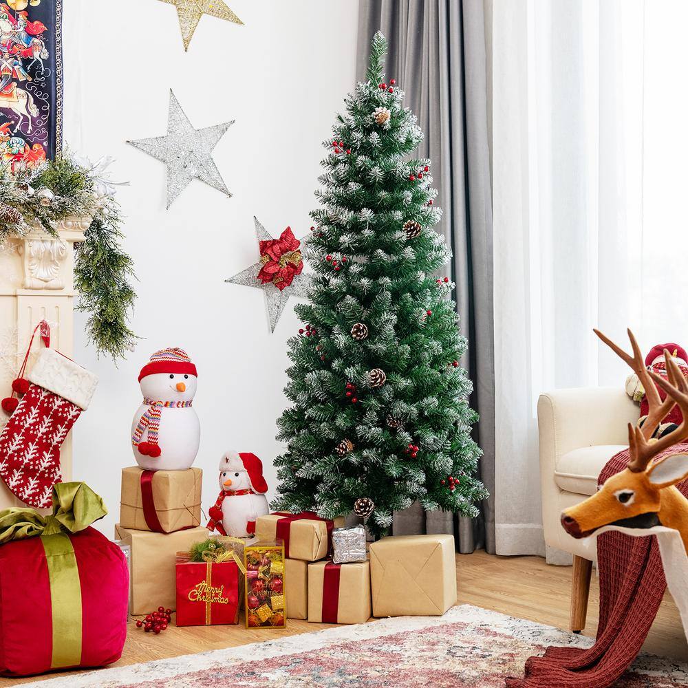 5 ft Green Pre-Lit Pencil Christmas Tree with Pine Cones and Red Berries