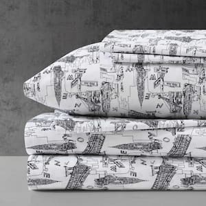 NYC Landmarks 6-Piece Soft Black/White Microfiber Queen Sheet Set