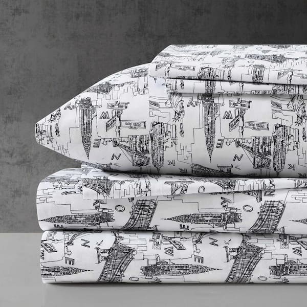 KENNETH COLE NEW YORK NYC Landmarks 6-Piece Soft Black/White Microfiber King Sheet Set