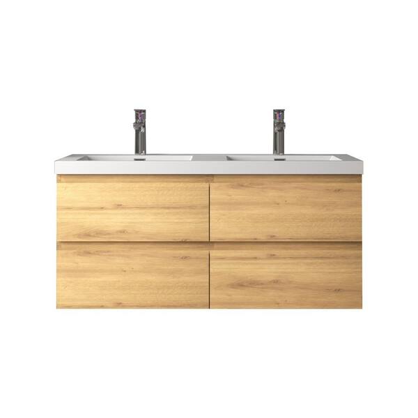 Angela 48 in. Double A. Oak Bath Vanity Wall-mounted Floating Vanities with Gloss White Resin Stone Top 4 Drawers