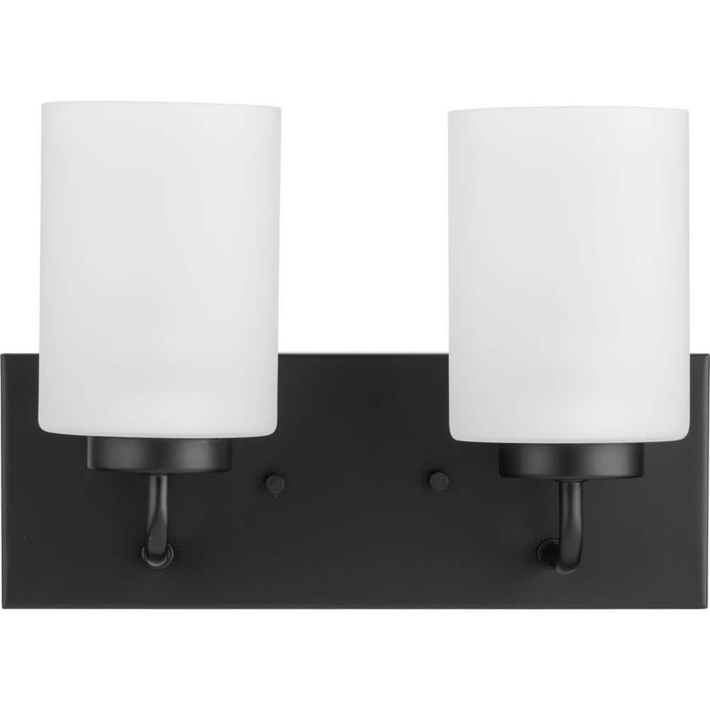 Matte Black Steel 2-Light Bath Vanity with Etched Glass Shades