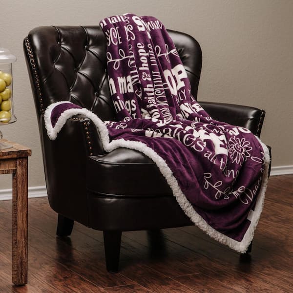 Hope and Faith Aubergine Polyester Reversible Sherpa Gift Throw Blanket - 50 in. x 65 in.