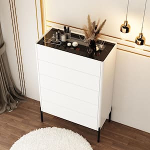 White & Black 47.2 in. Height Wooden Storage Cabinet, Chest with Glass Top, Round Edges, 5-Drawer & Black Legs
