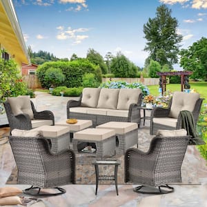 Gray 11-Piece Rattan Steel Patio Conversation Seating Sofa Set Swivel Rocking Chairs Ottomans with Beige Cushions