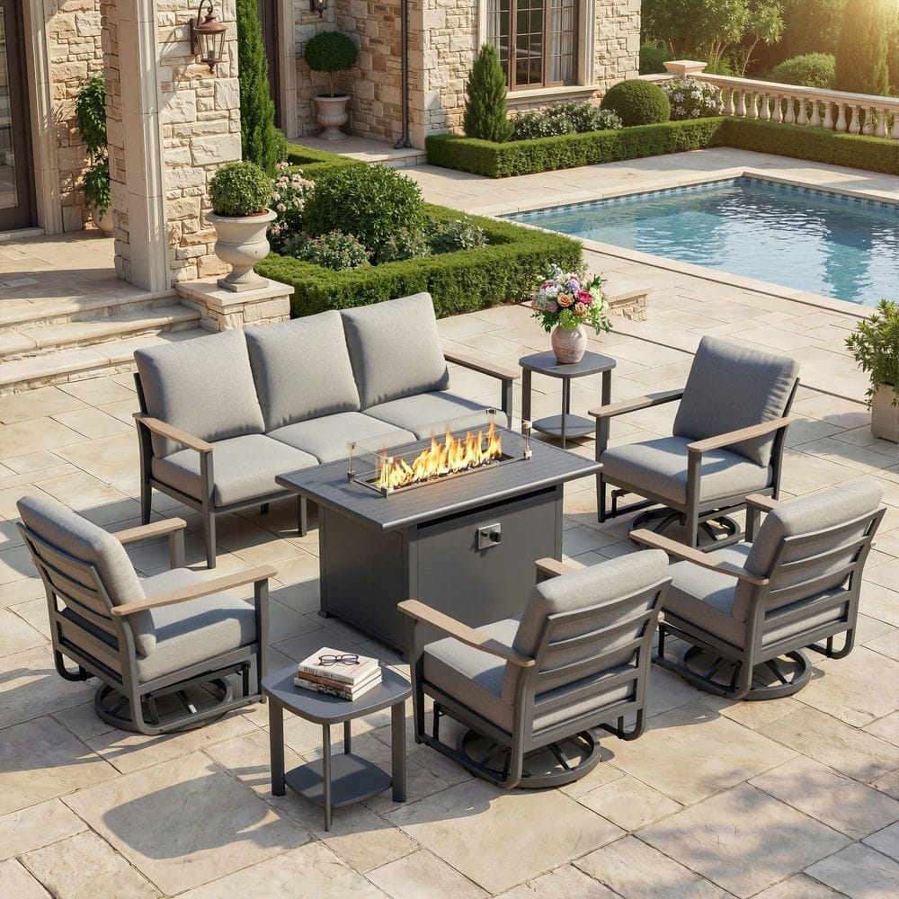 Lunara Modern 8-Piece Aluminum Patio Conversation Set with 5.1 In. Olefin Light Grey Cushions price history on PriceWatchPro