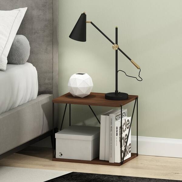 Furinno Rata 15.75 in. Columbia Walnut Rectangle Wood End Table with Metal Frame