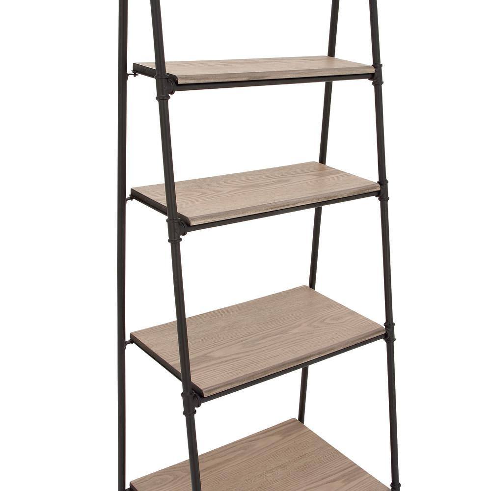 72" Black Metal and Pine Wood 5-Tier Ladder Shelf