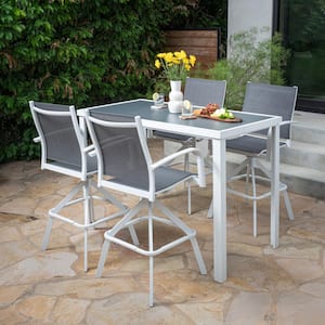 Naples 5-Piece Aluminum Outdoor Dining Set with 4 Swivel Bar Chairs and a Glass-Top Bar Table in White