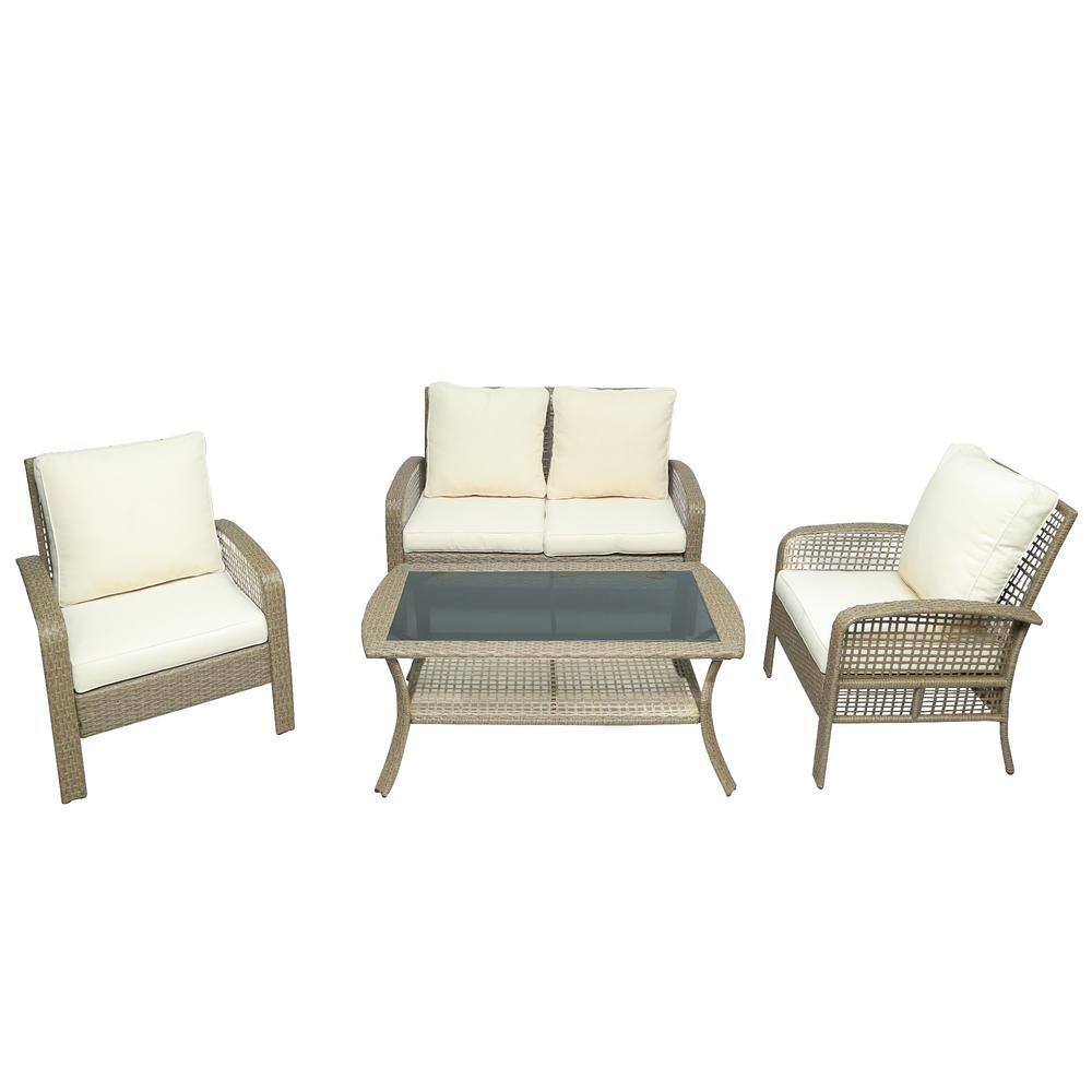 Brown 4-Piece Wicker Rattan Outdoor Sofa Seating Group with Beige Cushions