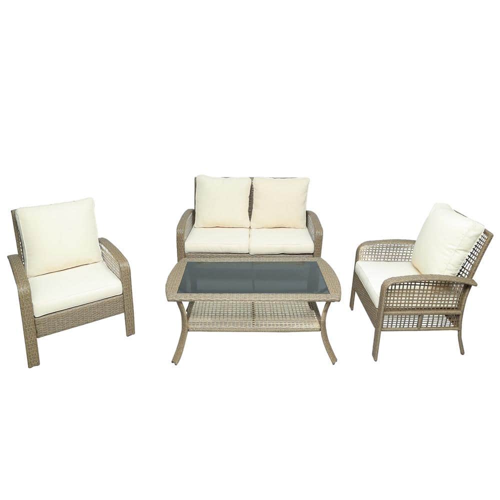 4-Piece Wicker Patio Conversation Set with Beige Cushions