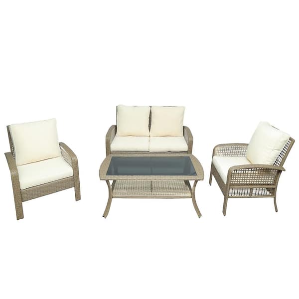 waelph 4-Piece Outdoor Wicker Patio Conversation Set with Beige Cushions