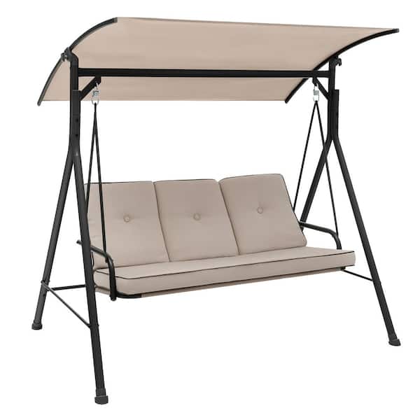 Gymax 3-Persons Metal Beige Polyester Fabric Porch Swing With Adjustable Canopy Removable Pads Hammock Chair Patio