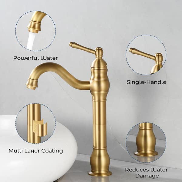 Single Hole Single Handle Waterfall Vessel Sink Faucet with Pop-up Drain in Antique Brass