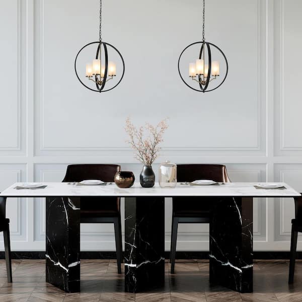 Modern Dining Room Globe Chandelier 4-Light Black and Brass Round Chandelier with Frosted Glass Shade