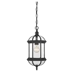 Kensington 8.25 in. W x 18 in. H 1-Light Textured Black Outdoor Hanging Lantern with Clear Beveled Glass Panels