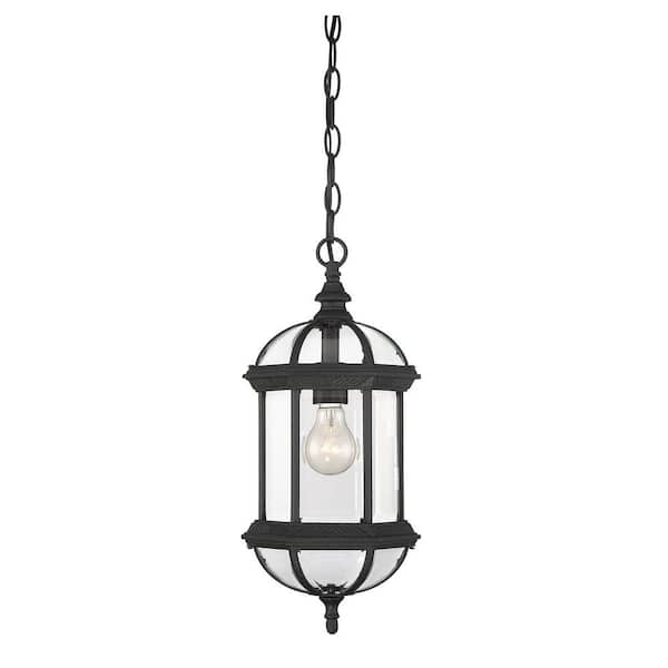 Kensington 8.25 in. W x 18 in. H 1-Light Textured Black Outdoor Hanging Lantern with Clear Beveled Glass Panels