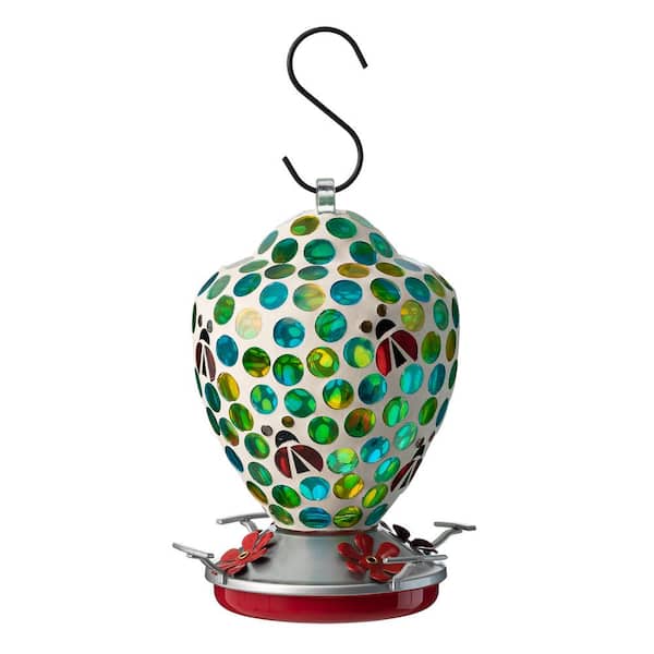 Glitzhome 8.25 in. H Glass Hanging Blue/Green Dotsand Ladybugs Mosaic Birdfeeder
