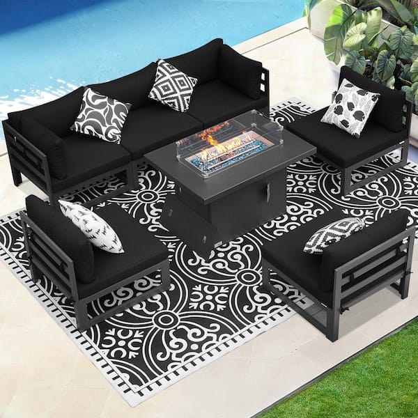 Unbranded Luxury Gray 7-Piece Aluminum Patio Conversation Deep Seating Set with 55,000 BTU Fire Pit Table and Black Cushions