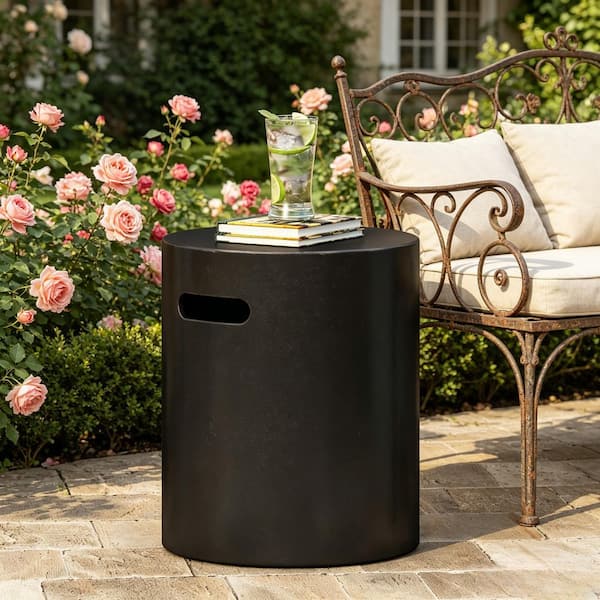 18.5 in. Black Round Concrete Outdoor Propane Tank Cover Table Outdoor Side Table