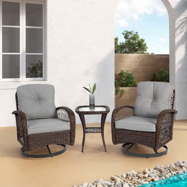 Tenleaf 3-Piece Wicker Swivel Rocker Outdoor Bistro Set with Gray Cushions, Glass Coffee Table