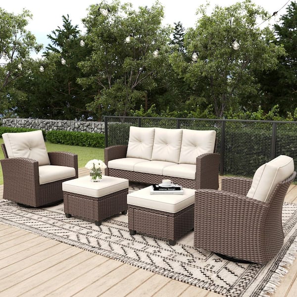 5-Piece Wicker Outdoor Swivel Outdoor Rocking Chair Set Patio Conversation Set with Beige Cushions