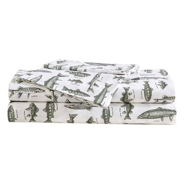 Wes Fish Face 3-Piece Green/White Cotton Twin Sheet Set