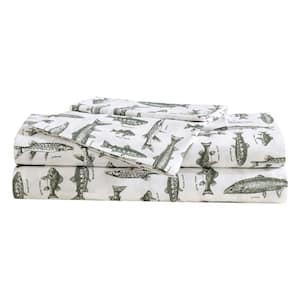 Wes Fish Face 4-Piece Green/White Cotton King Sheet Set