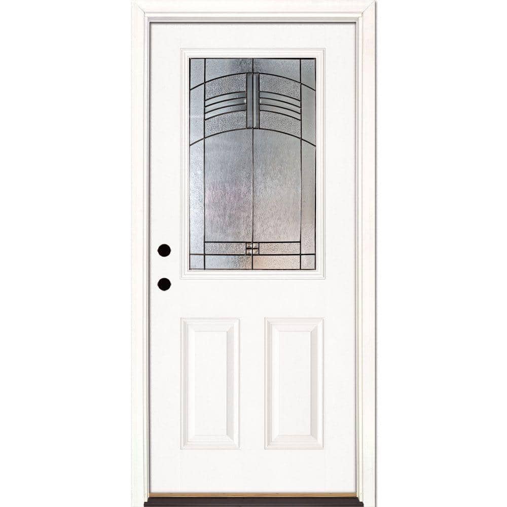 Feather River Doors 37.5 in. x 81.625 in. Rochester Patina 1/2 Lite Unfinished Smooth Right-Hand Inswing Fiberglass Prehung Front Door, Smooth White: Ready to Paint -  873191