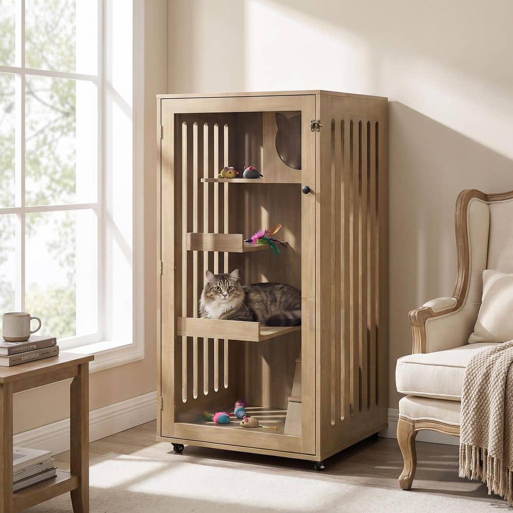 Dexo Solid Wood Cat Cabinet with Wheels, Cat Condo with Multi-Level Shelves & Lockable Door, Nature Beech Finish price history on PriceWatchPro