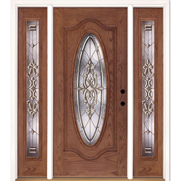 Feather River Doors 63.5 in. x 81.625 in. Silverdale Brass Full Oval Stained Medium Oak Left-Hand Fiberglass Prehung Front Door w/Sidelites