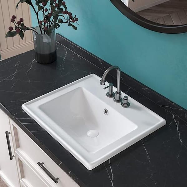 Dekorman Malibu 19-7/8 in. Bathroom Sink in White Glazed Ceremic Rectangular Drop-In with Overflow and 4 in. Faucet Holes