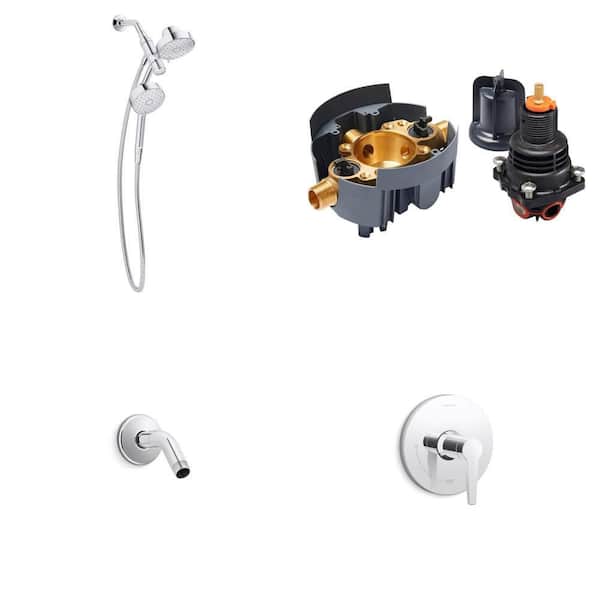 Awaken 5 in. Shower Head, Rite-Temp Valve Body Kit, 5.375 in. Shower Arm, Pitch Valve Trim, Polished Chrome Combo