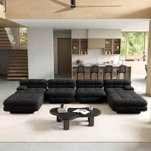 Vintage 146 in. Square Arm 6-Piece Velvet Curved Soriana Sectional Sofa with Ottomans in Black