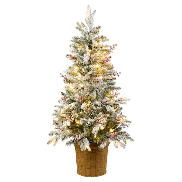 National Tree Company 4 ft. Pre-lit Artificial Feel Real® Snowy Poechmann Fir Hinged Entrance Tree w/ Berries and Pineco
