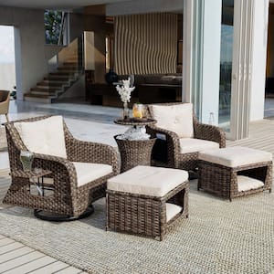 5-Piece Steel Rattan Wicker Outdoor Patio Conversation Sectional Sofa Set with Beige Cushions and Retractable Side Tray