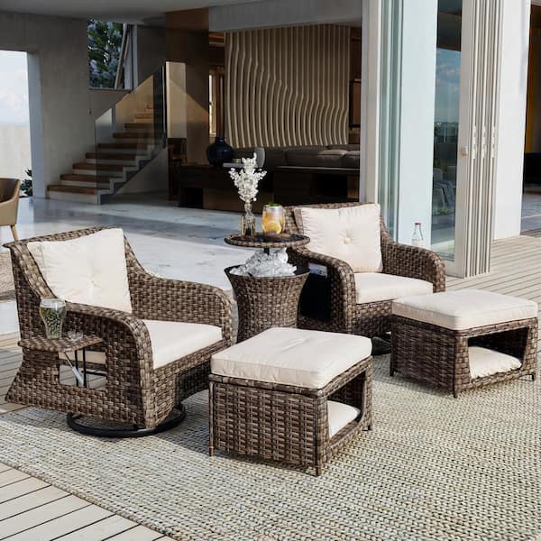 Runesay 5-Piece Steel Rattan Wicker Outdoor Patio Conversation Sectional Sofa Set with Beige Cushions and Retractable Side Tray