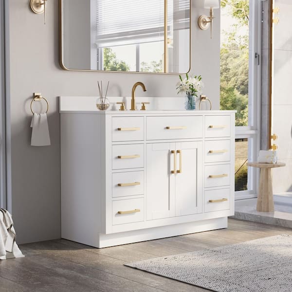 48 in. Single Sink Freestanding Solid Wood Bath Vanity in White with White Quartz Top, Soft-Close, Full Assembled