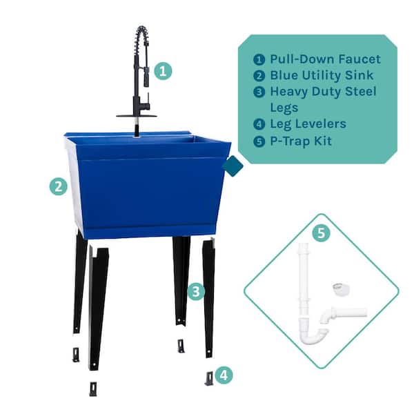 TEHILA Blue Thermoplastic Utility Sink with Matte Black Faucet