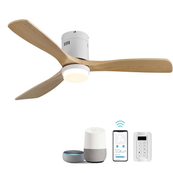 52 in. Smart Standard Indoor/Outdoor White Flush Mount Light Wood Grain Blade Ceiling Fan with Light Kit and Remote&APP