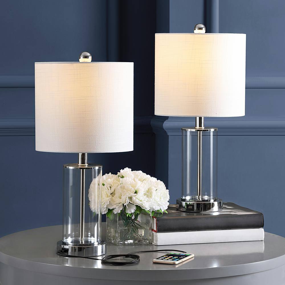 Abner 21" Chrome and Clear Glass USB Table Lamp Set
