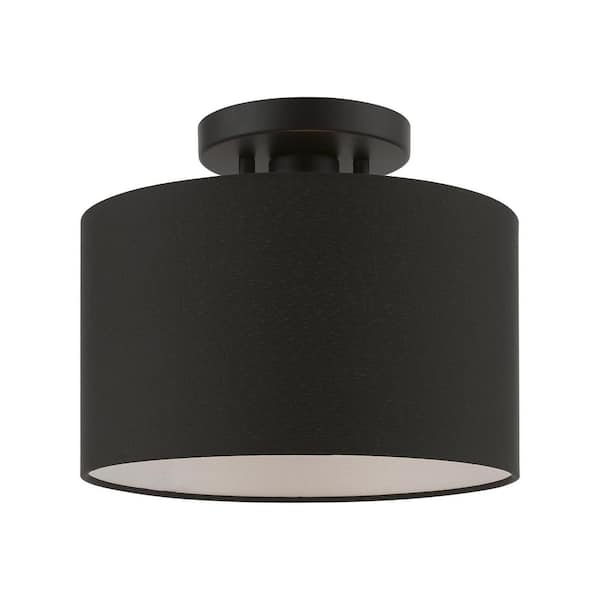 AVIANCE LIGHTING Hillcott 10 in. 1-Light Black Semi Flush Mount with Black Fabric Shade and White Fabric Inside